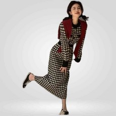 LETEO-상세설명참조 허리밴딩 체크 롱 니트 미니원피스 상견례원피스 원피스 여름원피스