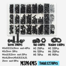 알렌 나사 2510 M2 육각 소켓 너트 와셔 10.9급 검정 탄소강 바이크 오토바이 둥근 머리, M3 M5 1270pcs