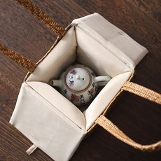 藤編布藝手提茶具收納包 便攜式露營茶具組, 1個, 單壺