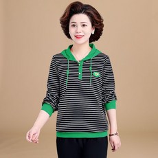 중년여성 봄가을 후드 맨투맨 티셔츠 고급스러운 기질 엄마 상의 패션 스트라이프 긴팔티 캐주얼 빅사이즈 후드티 SJS