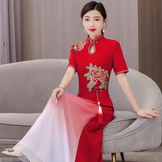 長款旗袍 春夏高級感舞臺演出服, 紅色,M 建議45.0-52.5公斤