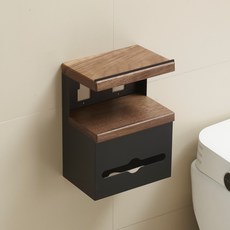 台灣出貨 木質和鋁製浴室紙巾架 - 無需鑽孔和壁掛式、防銹和時尚的存儲 適用於浴室、廁所、廚房紙盒壁掛式, 1個, 黑色
