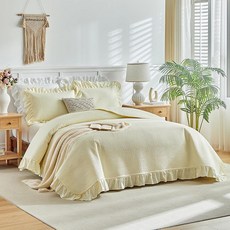 Flysheep 옐로우 러플 퀼트 세트 트윈 사이즈 섀비 시크 팜하우스 스트라이프 침대보 2개 세트 단색 경량 소프트 극세사 침대 커버 아동용 (러플 1개 + 베개 1개)