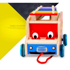 晴晴百寶盒 木製大號動物敲琴車 三合一積木車 音樂啟蒙 益智遊戲 兒童學步車, 1個