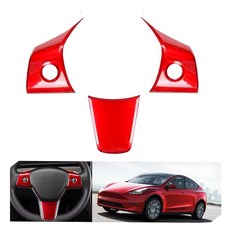 SXunacou 테슬라용 맞춤형 핏 스티어링 휠 커버 3/Y자형 내부 액세서리 남성/여성용 탄소 섬유 스티어링 휠 커버 세그먼트 스티어링 휠 프로텍터 (C), Red