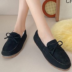 겨울로퍼 여성 리본 디자인 스웨이드 겨울 털 모카신