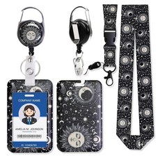 FlyingMage Badge Holder Vertical Plastic Case with Retractable Reel Belt Clip and Detachable Lanya, Black Star Atlas
