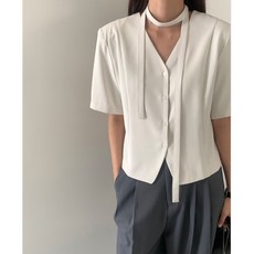 체인지쉬(change she)여성 브이넥 벨티드 정장핏 반팔 자켓 심플 블라우스