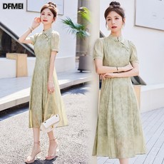 DFMEI 빈티지 스몰 클래식 다이얼 개량 치파오 스커트 롱스커트 차이나 넥 뉴 차이나 원피스 여 여름 날씬해 보이는 패션