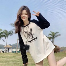 韓系撞色拼接長袖上衣，寬鬆遮肚顯瘦，200克純棉舒適透氣，大尺碼孕婦裝秋季新款