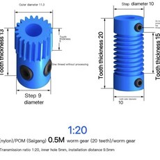 나일론 웜 기어 키트 톱니 비율 메커니즘용, 1. 0.5M - 1 ratio 20, A. both 5mm