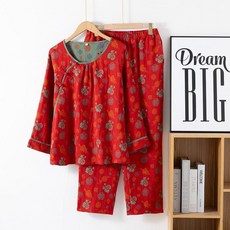 國風紅色全棉睡衣女春夏秋款新中式家居服