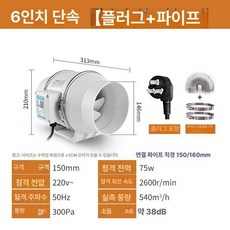 덕트팬 환풍기 배기 주방 후드 고기 연기 환기 PVC 배관, 6인치 단일 150mm 플러그인 1m