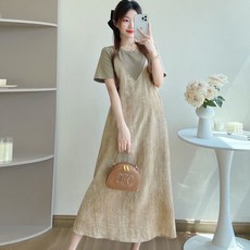 DIU 特大碼300斤假兩件拼接寬鬆短袖吊帶裙感遮肚孕婦連衣裙