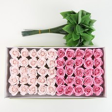 DIY 장미 비누꽃 50송이+잎사귀 꽃대 50개, 1개, 라이트핑크&핑크