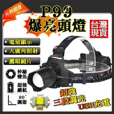 P99 頭燈 超亮 遠射 USB充電 電量顯示, 1個, P99頭燈+USB線(無電池)