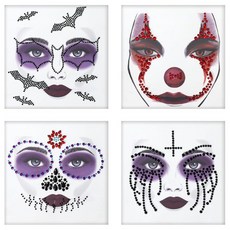 TailaiMei 4팩 페이스 젬 주얼리 블랙 앤 레드 할로윈 페스티벌 타투 스티커 라인스톤 크리스탈 바디 젬 스톤 여성용 파티 코스튬 메이크업 (2509)