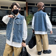 AA4335 남아 키즈 주니어 초등 아동 가을 봄 간절기 면 혼방 청 데님 카라넥 조끼 베스트 데일리 자켓 아우터