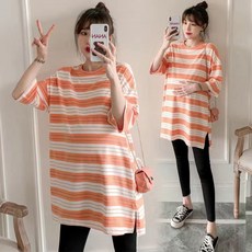 임산부 여름 반팔티 패션 편안한 스트라이프 반팔 티셔츠 일상복 JS