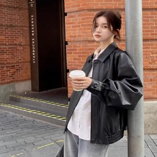 여자 2컬러 오버 카라 집업 페이크 레더자켓 가죽점퍼 한필몰