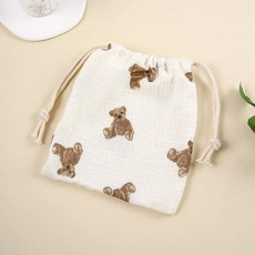 아동용 더블 레이어 코튼 모슬린 침대 가방 단색 인쇄 보관 드로스트링, 12. Single bear