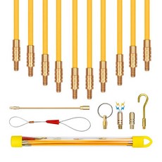 電工勾線器 拼接穿線器 吊頂天花板穿線桿 筒燈監控弱電穿線神器 電工檢修勾線鉤, 1個, 紅色銅頭4mm*33cm（總長3.3米）,一套10根桿+6配件頭