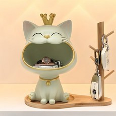 럭키샵 선물 행운 고양이 현관 장식품+우드 차키 악세사리 행거, 라이트 그린