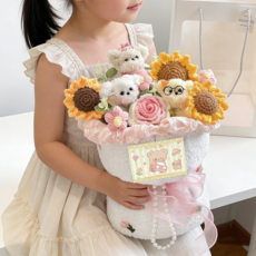 에이치엠데코 인형꽃다발 졸업식 꽃다발 모루 댕댕이 니트 꽃다발+ 쇼핑백, 핑크 세 마리, 1개