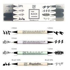 지그 트윈 블랙 마커 4종 세트 쿠레타케 캘리그라피 캘리 펜, 1개, 검정 4종