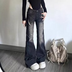해피유통 여성 와이드 레그 청바지 스트 빈티지 구김 디테일 슬림핏 스타일