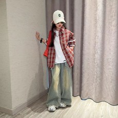 Olli kids 女童套裝 春秋新款 兒童秋季 格子外套 襯衫上衣 女孩復古牛仔褲