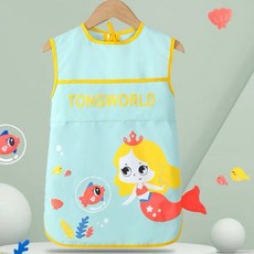 TONGWORLD 兒童防水畫畫衣 寶寶吃飯圍兜 多功能防污罩衣, 可愛女寶 無袖-青色美人魚,100碼 適合0~3歲
