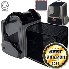 쁘띠시오 강아지 백팩 고양이 3면 통풍 확장형 이동가방, 1개, 블랙