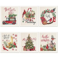 스웨덴 주방 접시 천 주방 타월 재사용 가능한 스폰지 클리닝 천 물티슈 흡수성 접시 천 빠른 건조 세탁 가능한 장식 티 타월 냄새 방지 바 핸드 타월 6개 (블루 크리스마스), 카디널 버드