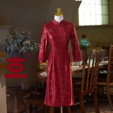 우아한 치파오 웨딩드레스 중국풍 의식복 가을 0월 축하 할머니 고급스러운 분위기 중간 길이, 01 빨간색 [붉은 꽃 붉은 초 붉은 등불], 03 4XL 사이즈