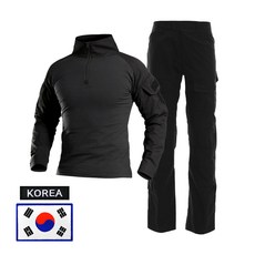SET 택티컬 전술 컴뱃셔츠 긴팔+팬츠 세트 - 아웃도어 군인 간부 강철부대 캠핑 카고 바지, 검정