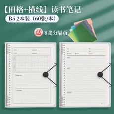 B5活頁讀書筆記本，好詞好句摘抄本，閱讀記錄本，小學生打卡日積月纍, 【田格+橫線】B5/讀書筆記本/2本, 1個