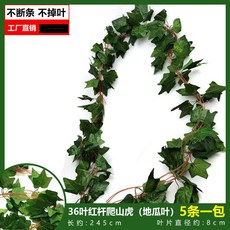 仿真葡萄葉藤蔓爬山虎藤條，常青藤綠蘿植物假綠葉吊頂裝飾，台灣熱銷綠植裝飾, 36葉紅杆爬山虎（地瓜葉）（5條裝）, 1個