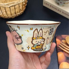 高顔值鬥笠碗陶瓷套裝禮盒，手捏紋大小號家用飯碗，清新萌趣陶瓷餐具, 手捏紋斗笠碗--動物烘焙派對, 1個