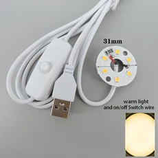 따뜻한 화이트 색상 5V 3W USB LED 조명 2835 칩 단일 조광기 밤 책상 책 태블릿 램프 스위치 전원 케이블, 31mm warm cable
