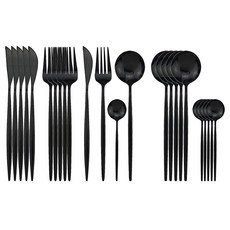 Uniturcky 실버 실버웨어 세트 24피스 스테인리스 스틸 플랫웨어 서비스 거울 광택 블랙 핸들 식기 커틀러리 나이프 포크 스푼 가정 레스토랑용 식기세척기 265244