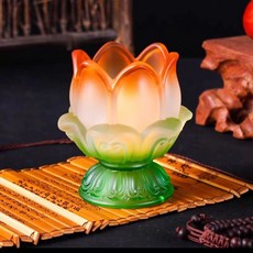 七彩琉璃蓮花酥油燈座，防風燭臺，佛前供燈, 一體仿琉璃六葉蓮花橙色