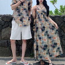 커플 시밀러룩 웨딩촬영 휴양지 티셔츠 신혼여행 드레스 긴팔 하와이안 원피스 반팔 호캉스 패밀리룩
