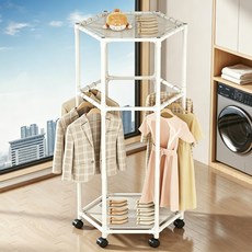 스탠드 행거 육각형 회전식 건조대 바퀴달린 이동식 실내 베란다, 흰색