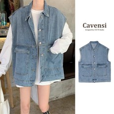 Cavensi 韓版寬鬆復古翻領牛仔背心