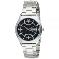 Casio MTP-V006D-1B2 남성용 스테인리스 스틸 이지 리더 블랙 다이얼 데이 데이트 아날로그 드레스 시계 화이트. 캐주얼