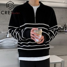 크레스티 남성 가을 카라 스웨터 일상 스트라이프 긴팔 루즈핏 반지퍼 니트