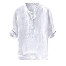 남성용 헨리 티셔츠 리넨 면 셔츠 버튼 업 비치 탑 캐주얼 반바지 반소매 경량 무지 티 화이트 02 Large 268566, White 02