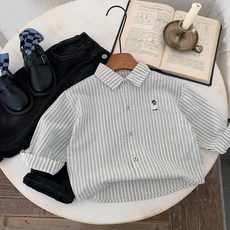 【四口甜】兒童刺繡企鵝條紋襯衫