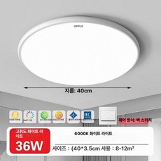 거실 LED 전등 슬림형 눈보호 전광 스펙트럼 조명, 원형 40cm 솔리드 화이트 36W